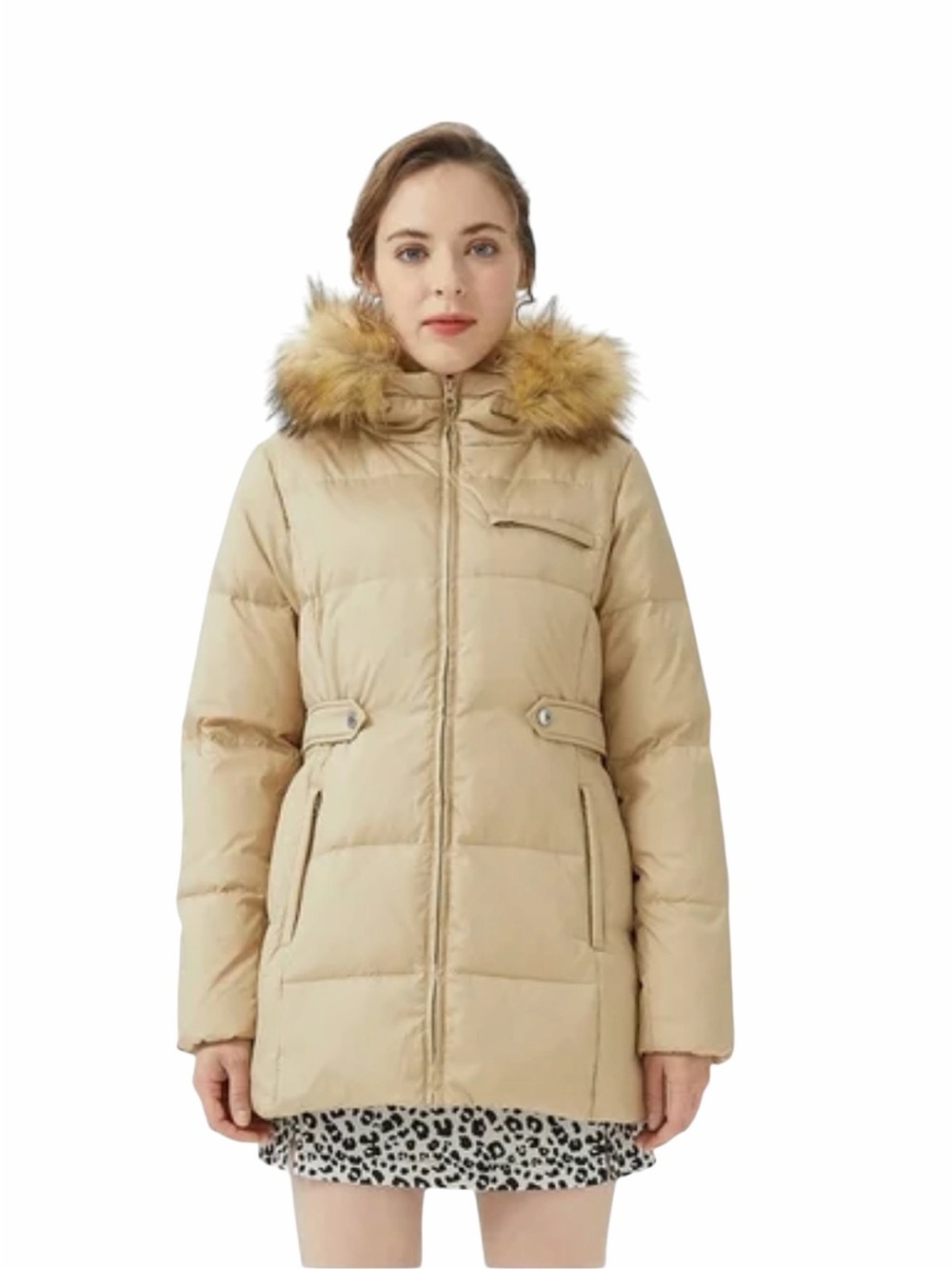 Orolay Belted Beige Down Puffer Coat with Removable Faux Fur Hood Winter